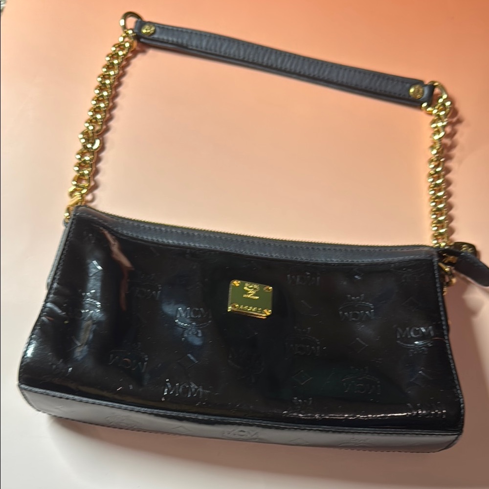 MCM Black Shoulder Bag with Gold Tone Chain Strap EUC